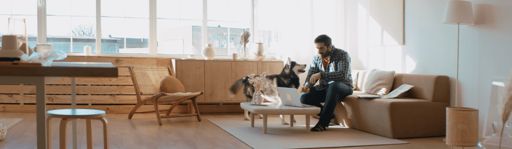 Inside image of a house along with a man and his dog
